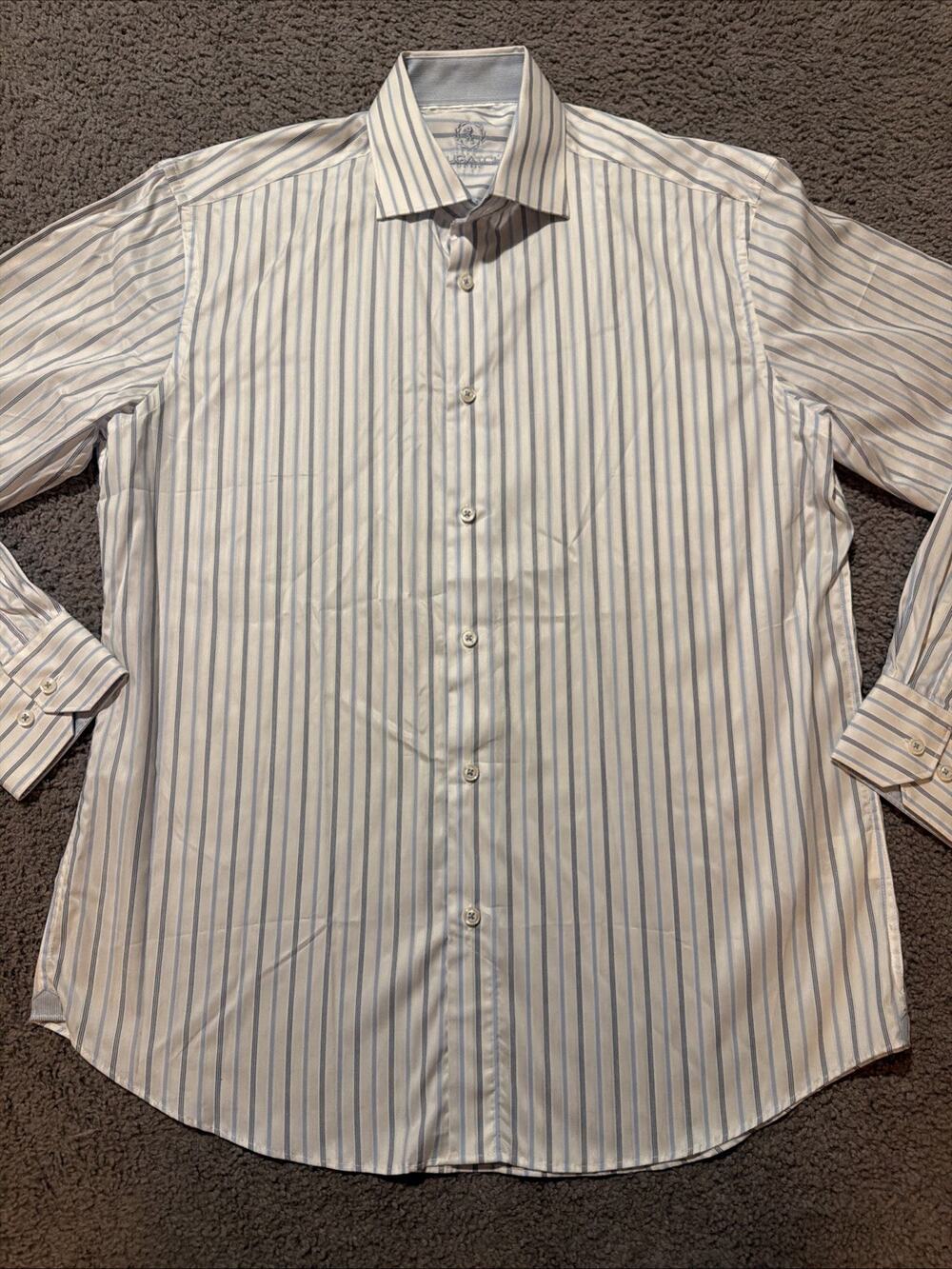 Bugatchi Uomo Dress Shirt Mens 16.5 34/35 Blue White Stripe 100% Cotton LS